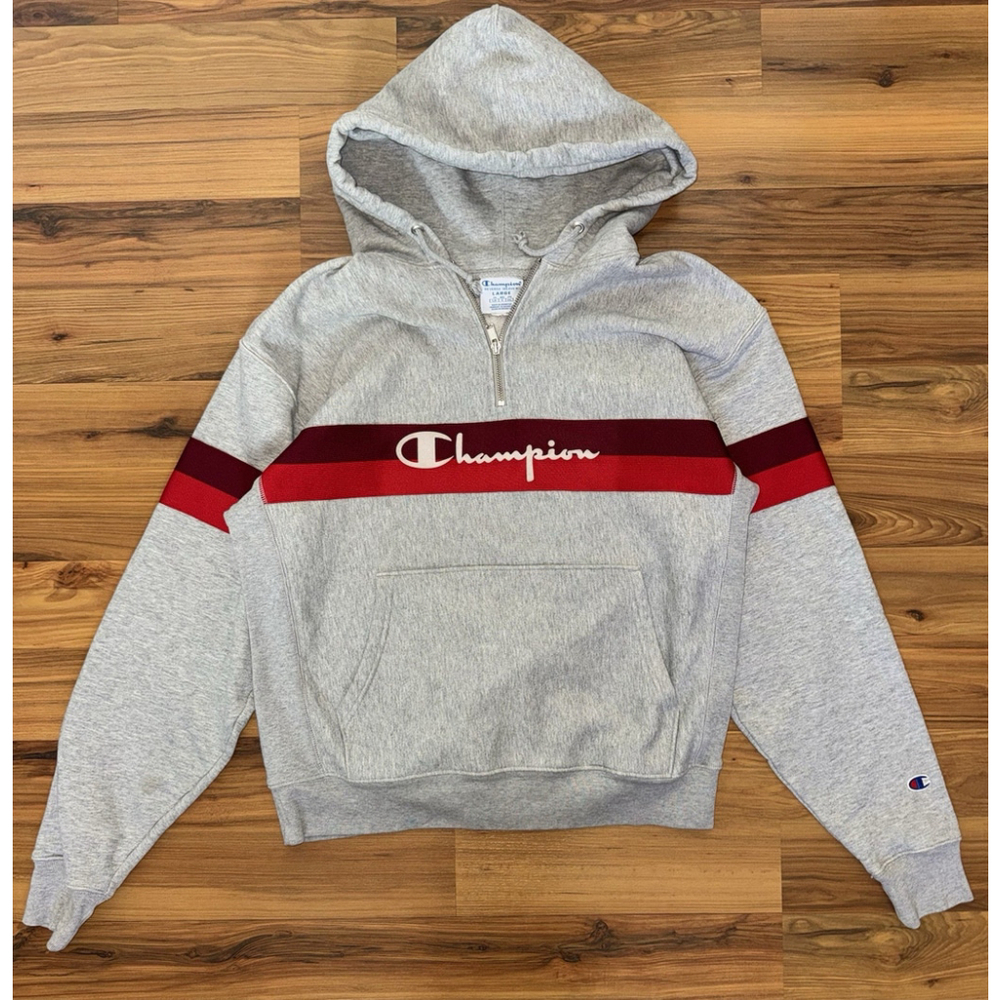 Champion Reverse Weave Quarter Zip Hoodie Gray Red Stripe Logo Streetwear Large